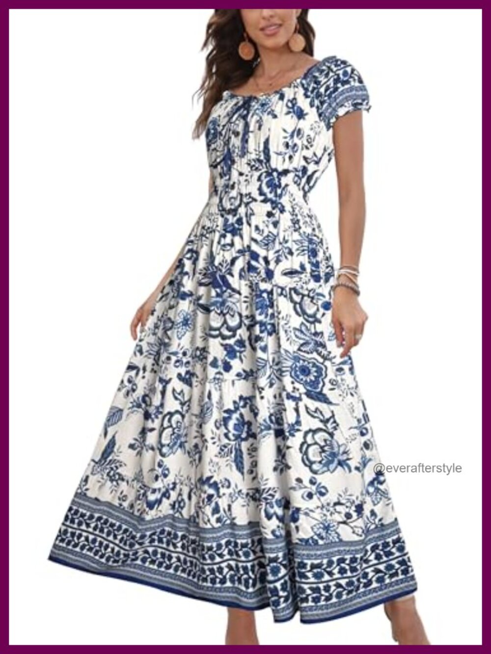 Women's Boho Floral Maxi Dress Short Sleeve Tiered Flowy Summer A-Line
